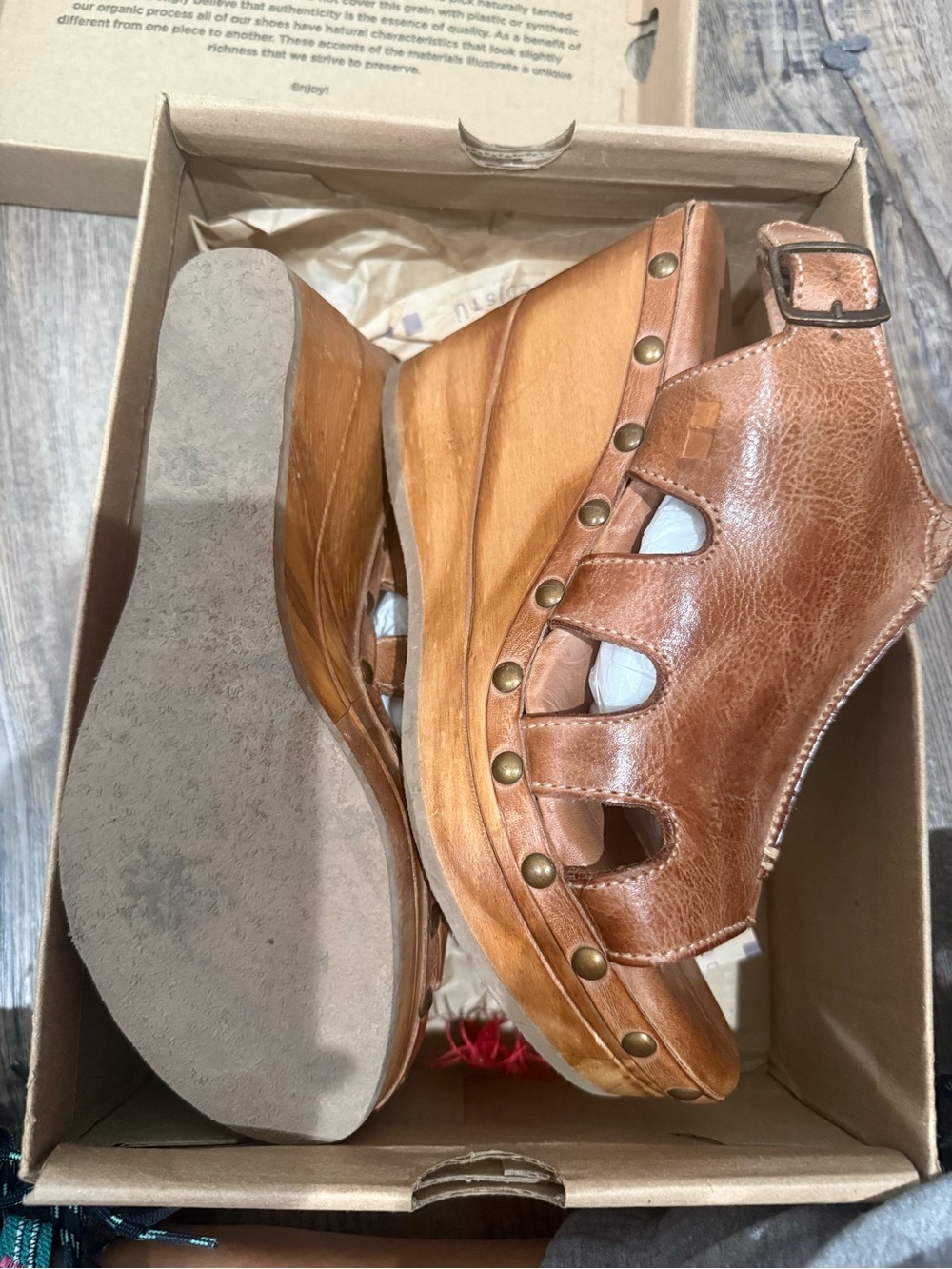 BED|STU Tan Brown Leather Studded Wooden Wedge Sandals - Picture 2 of 4